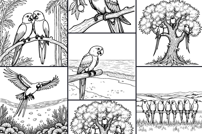 Collection of coloring pages Colorful Parrots