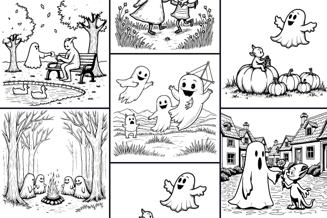 Collection of coloring pages Friendly Ghosts and Goblins