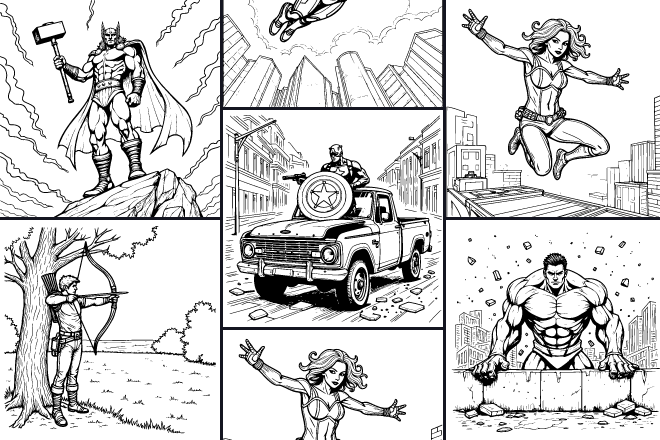 Collection of coloring pages Marvel Avengers in Action