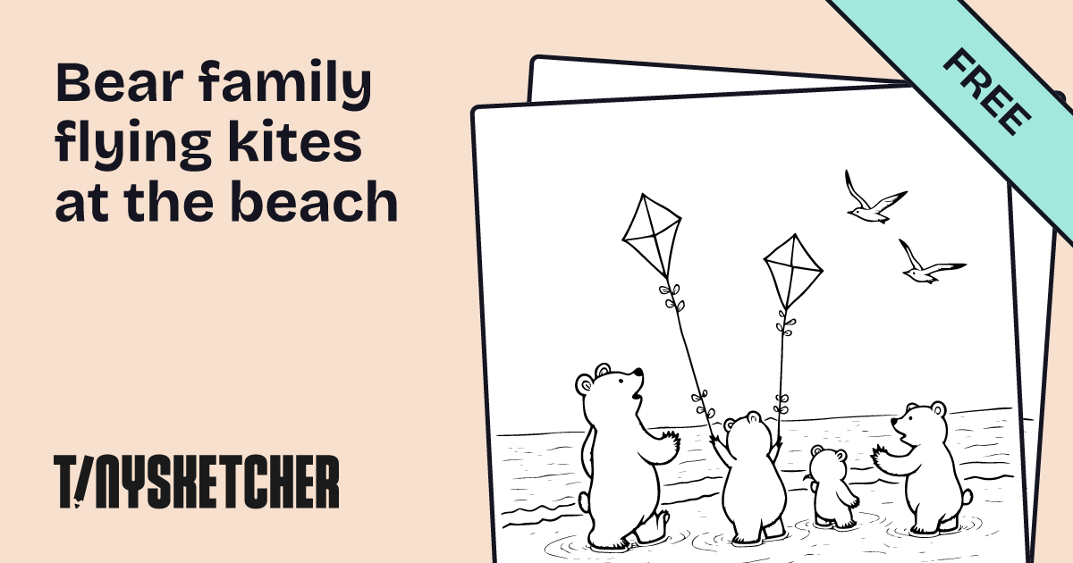 Bear family flying kites at the beach Coloring Page | Free Printables ...