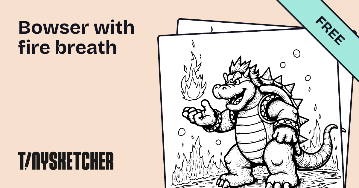 Bowser with fire breath Coloring Page | Free Printables | Tiny Sketcher