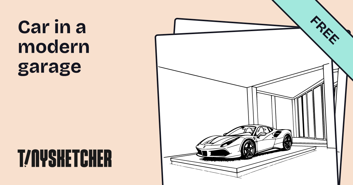 Car in a modern garage Coloring Page | Free Printables | Tiny Sketcher