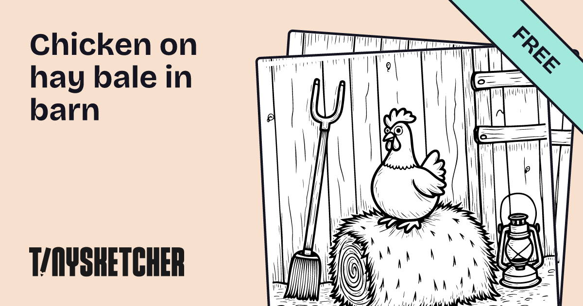 Chicken on hay bale in barn Coloring Page | Free Printables | Tiny Sketcher