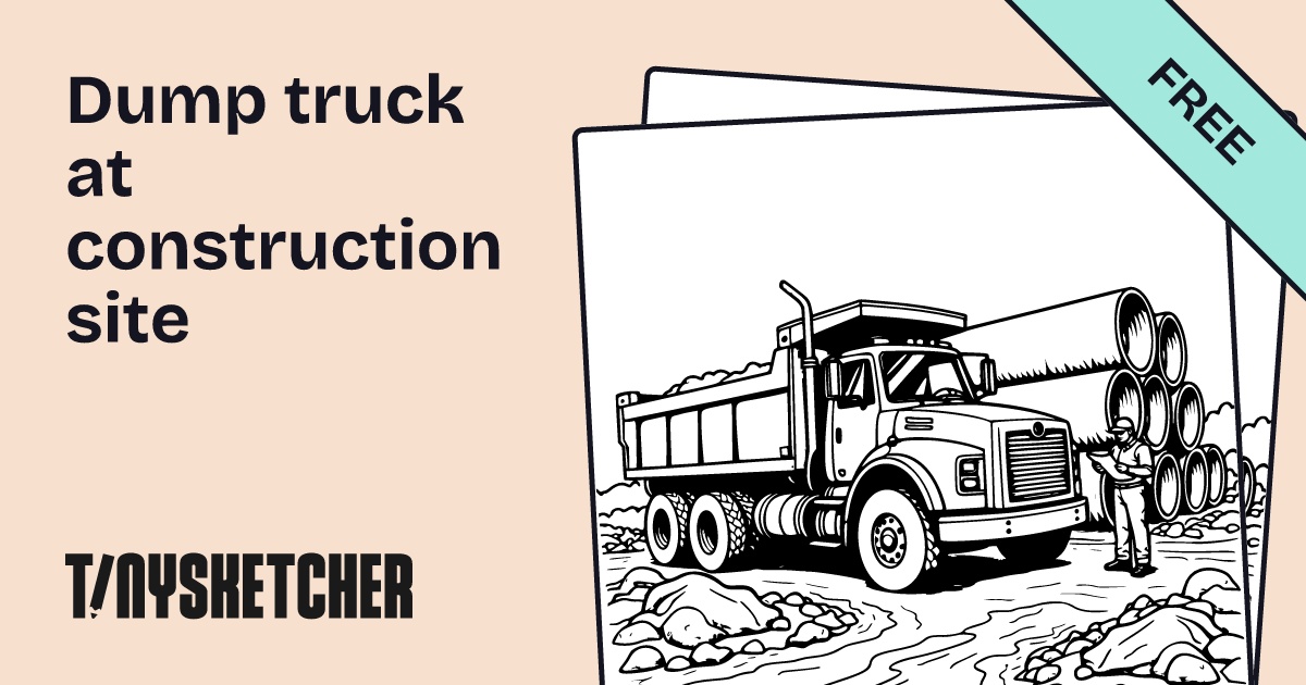 Dump truck at construction site Coloring Page | Free Printables | Tiny Sketcher