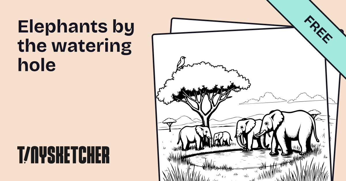 Elephants by the watering hole Coloring Page | Free Printables | Tiny Sketcher