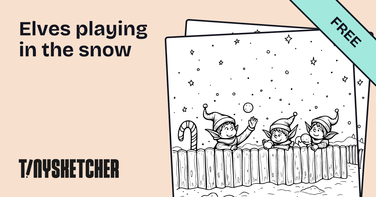 Elves playing in the snow Coloring Page | Free Printables | Tiny Sketcher