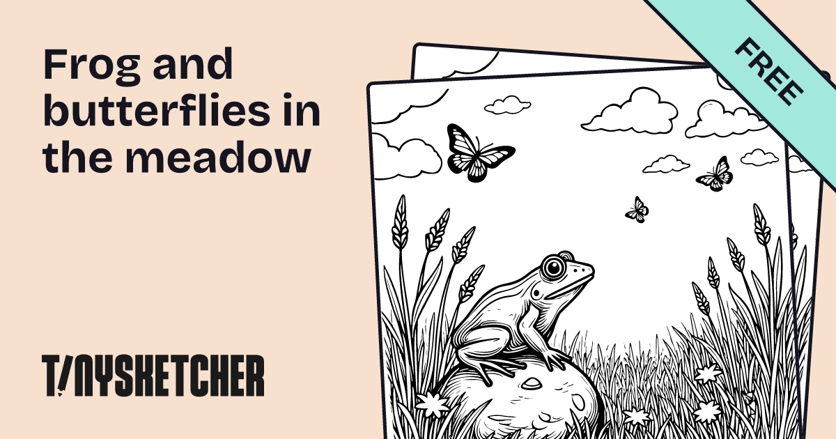 Frog and butterflies in the meadow Coloring Page | Free Printables | Tiny Sketcher