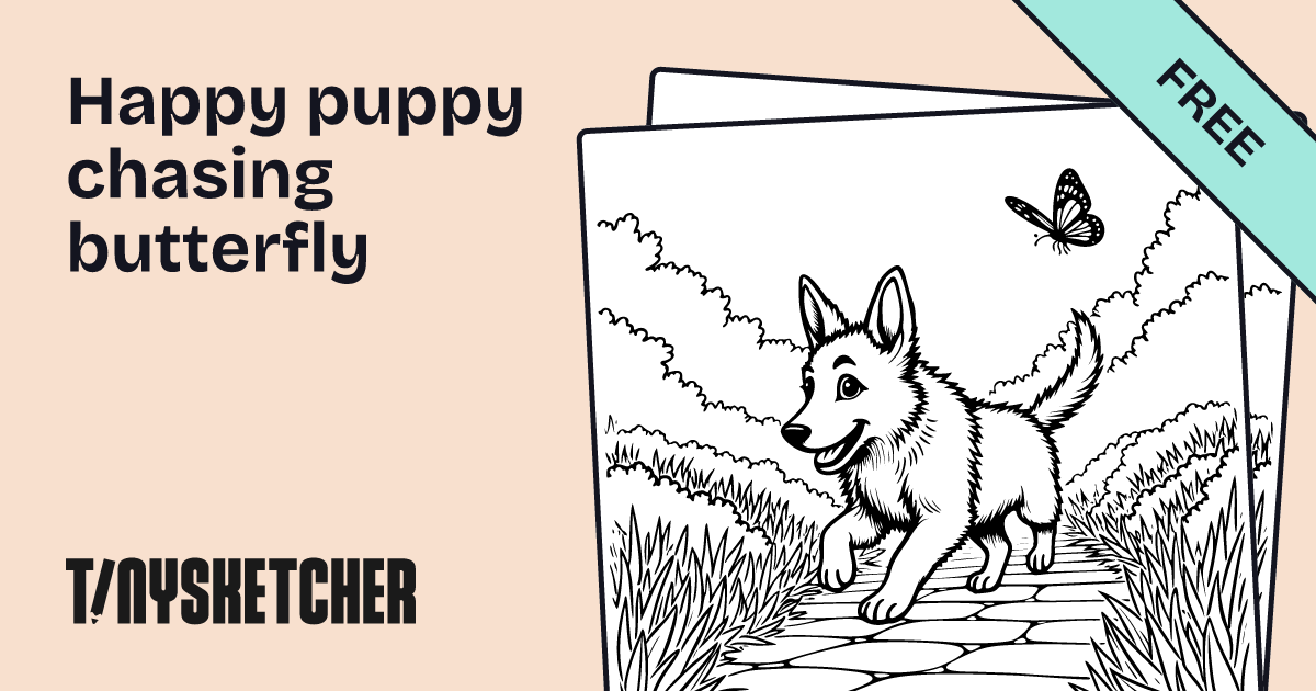 Happy puppy chasing butterfly Coloring Page | Free Printables | Tiny Sketcher