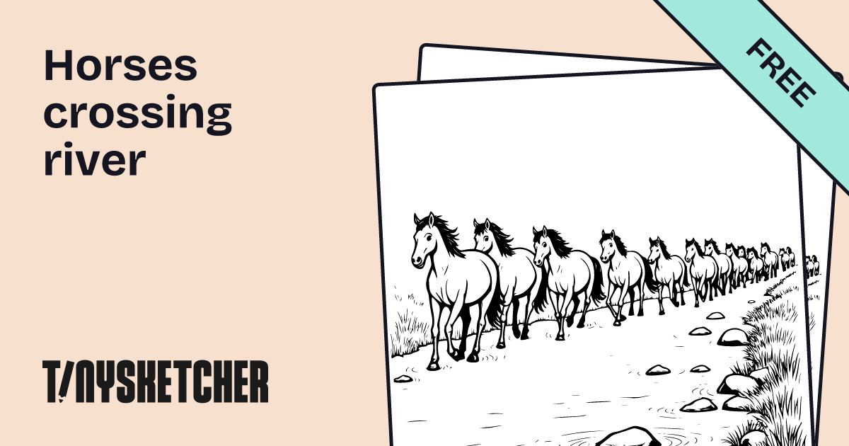 Horses crossing river Coloring Page | Free Printables | Tiny Sketcher