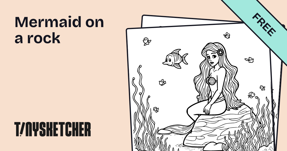 Mermaid on a rock Coloring Page | Free Printables | Tiny Sketcher