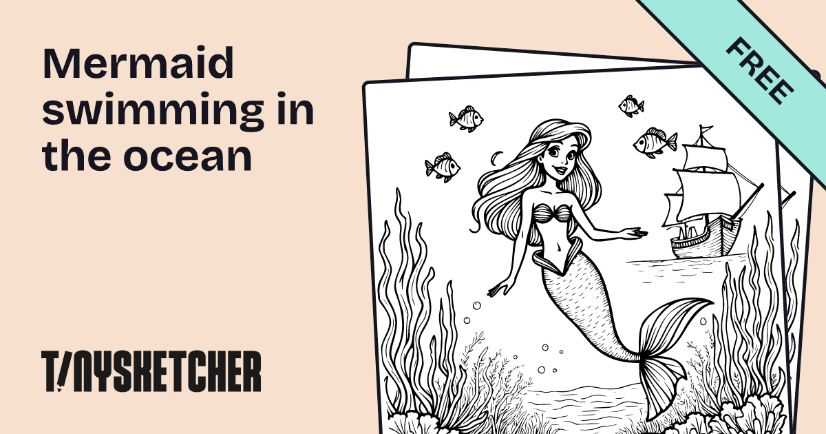 Mermaid swimming in the ocean Coloring Page | Free Printables | Tiny ...