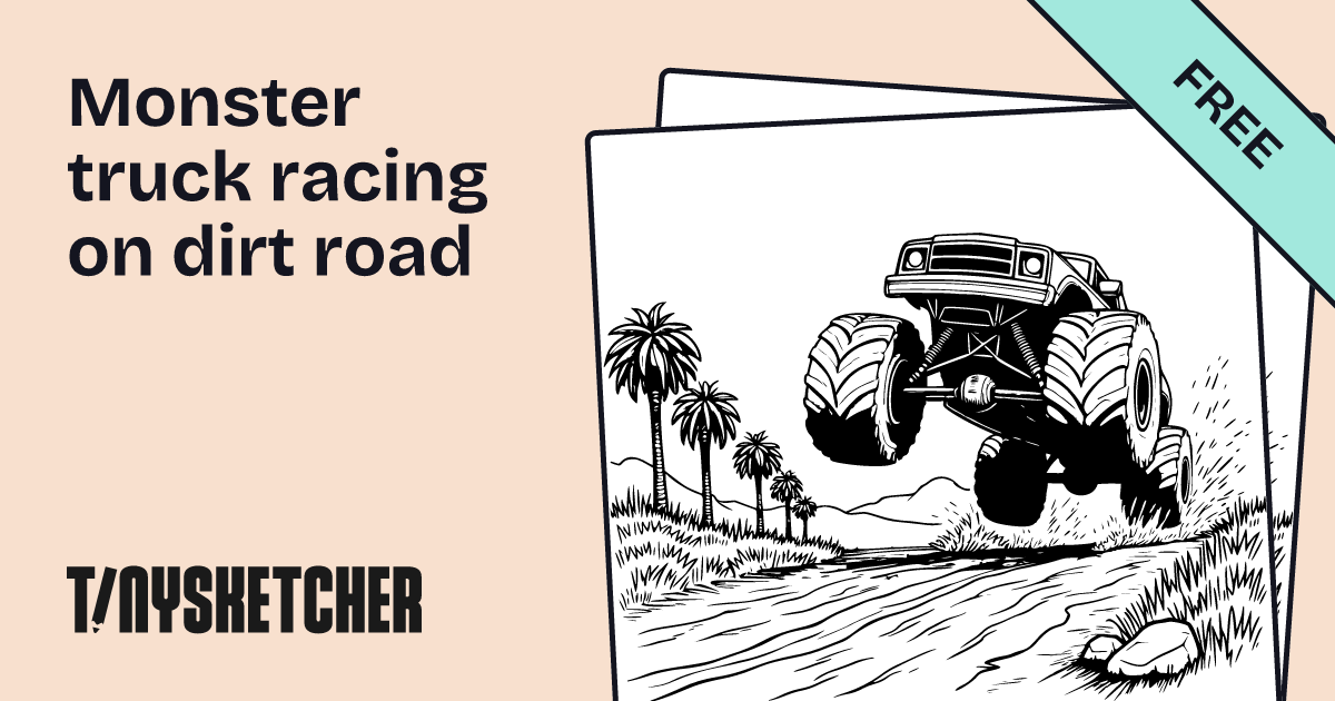 Monster truck racing on dirt road Coloring Page | Free Printables