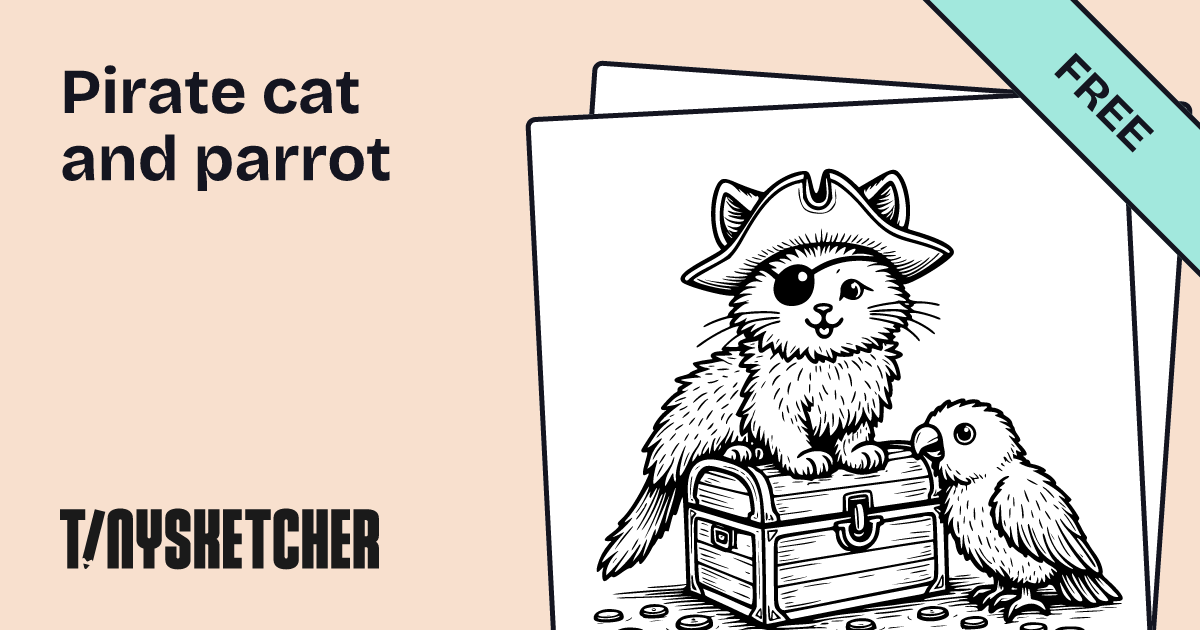 Pirate cat and parrot Coloring Page | Free Printables | Tiny Sketcher