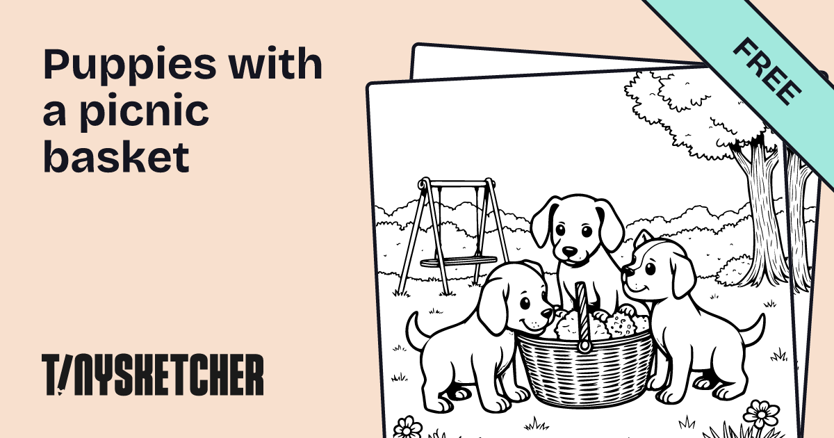 Puppies with a picnic basket Coloring Page | Free Printables | Tiny ...