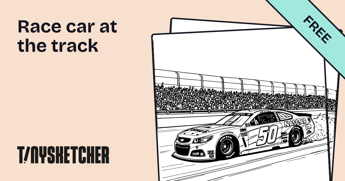Race car at the track Coloring Page | Free Printables | Tiny Sketcher