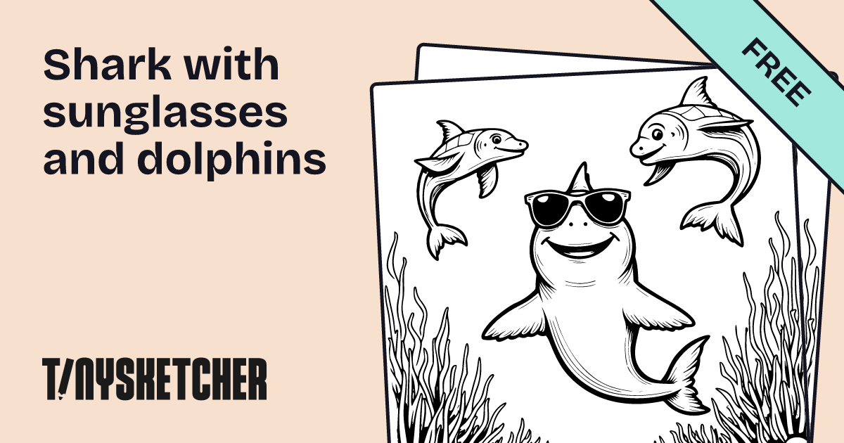 Shark with sunglasses and dolphins Coloring Page | Free Printables ...