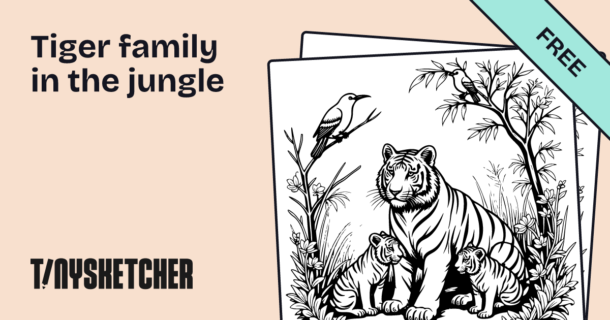 Tiger family in the jungle Coloring Page | Free Printables | Tiny Sketcher