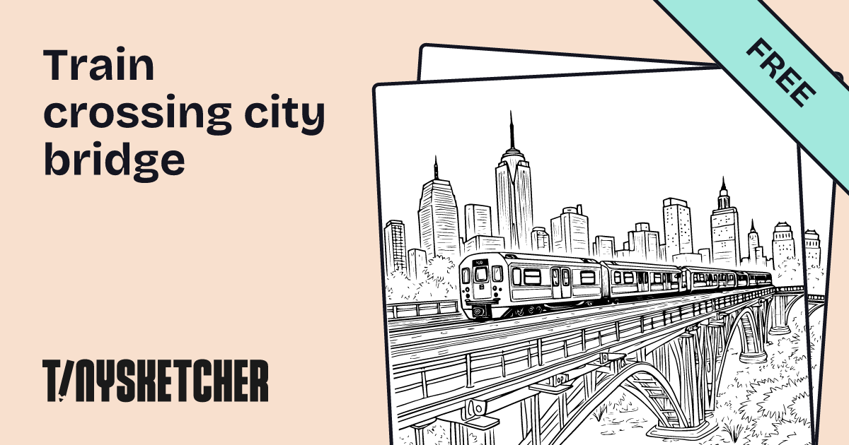 Train crossing city bridge Coloring Page | Free Printables | Tiny Sketcher