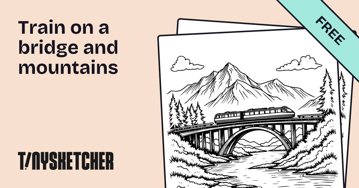 Train on a bridge and mountains Coloring Page | Free Printables | Tiny ...